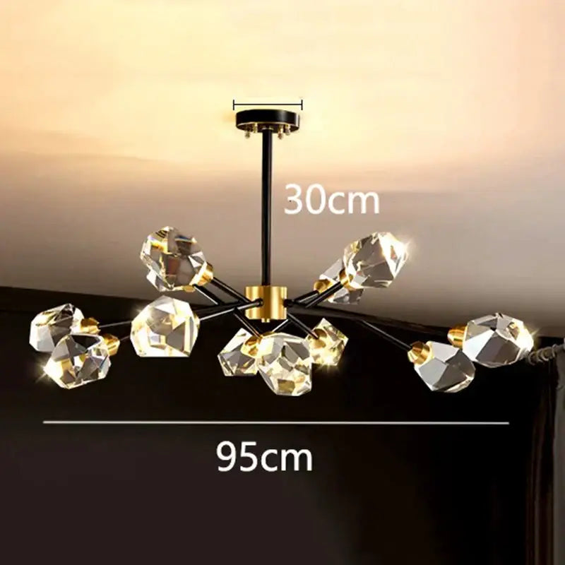 Modern decorbites led indoor chandelier lighting with black rod gold accents and faceted crystal bulbs for living spaces