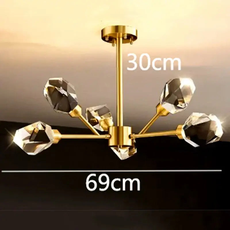 Gold-toned DecorBites led indoor chandelier with five faceted crystal pendants for living room and bedroom lighting