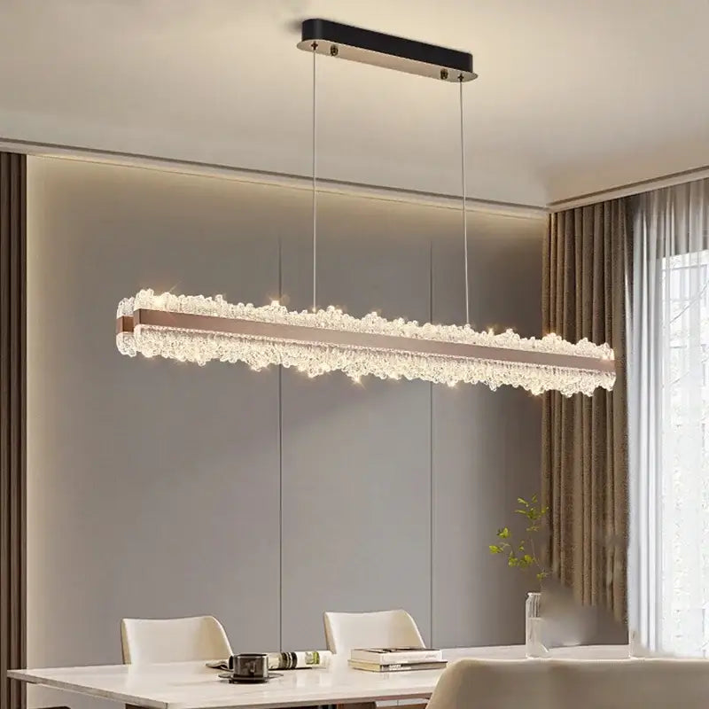 Modern rectangular decorbites led indoor chandelier with black top copper frame and clear crystals for bedroom lighting