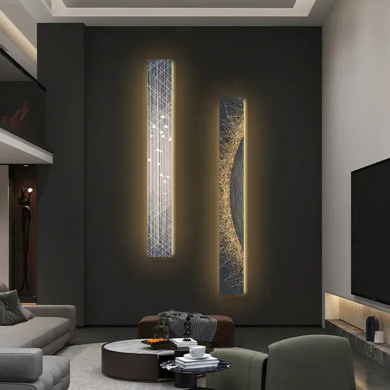 Two vertical decorbites led indoor wall lamps with glowing golden edges and abstract wireframe designs for living room