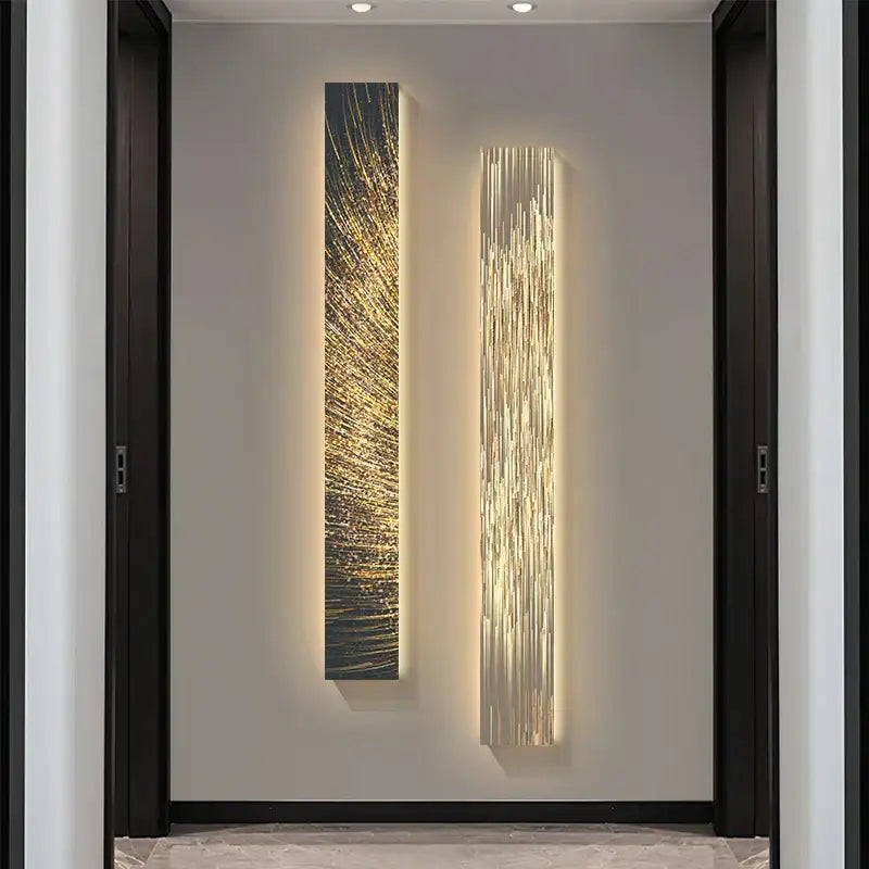 Two vertical decorbites led indoor wall lamps with golden warm-toned light patterns for living room and hotel decor