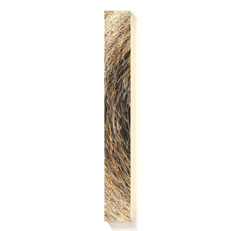 A decorbites led indoor wall lamp featuring a tall slender abstract painting with swirling golden and brown brushstrokes