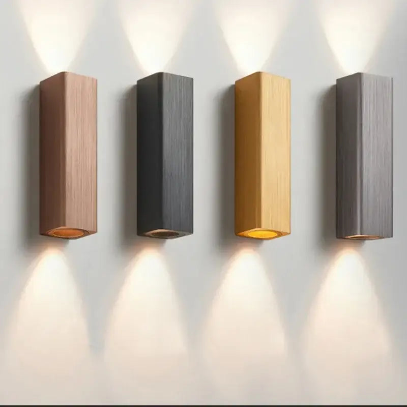 Modern rectangular decorbites led indoor wall lamp with wood-grain and brushed metal finishes emitting warm glow