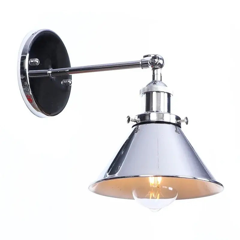 Chrome-finished DecorBites LED indoor wall lamp with conical shade and exposed bulb for bathroom mirror and home decor