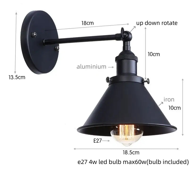 Black matte iron wall lamp with adjustable arm and conical shade decorbites led indoor wall lamp for home decor