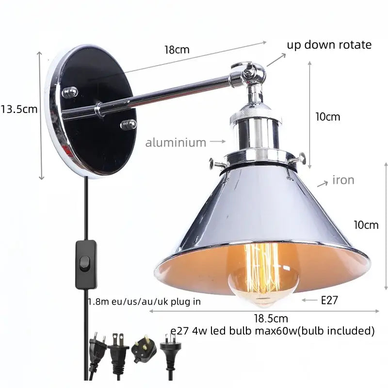 Decorbites led indoor wall lamp with chrome aluminum arm iron base and conical shade for bathroom and home decor