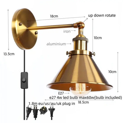 Brass-finished decorbites led indoor wall lamp with conical shade and adjustable arm for bathroom mirror and home decor