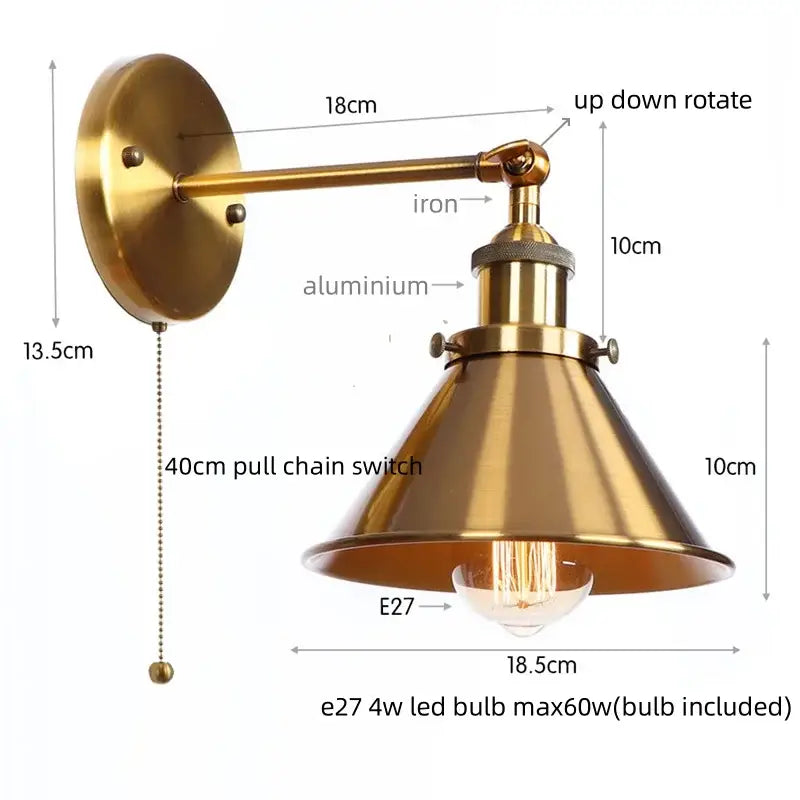Brass-finished decorbites led indoor wall lamp with conical shade iron arm and aluminum mount for bathroom mirror stair use
