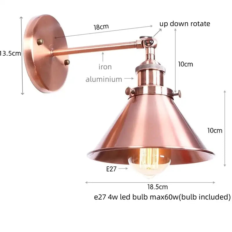 Decorbites led indoor wall lamp copper-finished industrial style with adjustable arm and conical shade for home decor