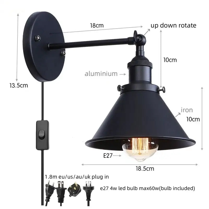Black industrial-style DecorBites led indoor wall lamp with matte iron conical shade and adjustable arm for versatile lighting