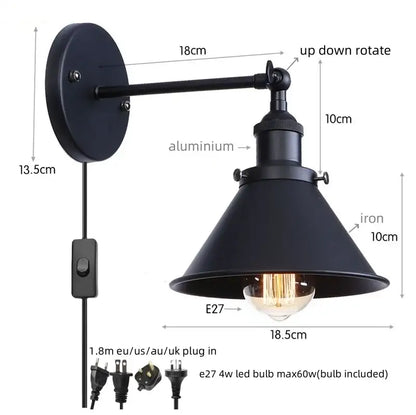 Black industrial-style DecorBites led indoor wall lamp with matte iron conical shade and adjustable arm for versatile lighting