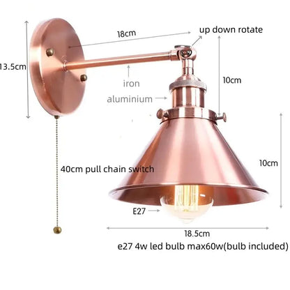 Copper-finished industrial-style decorbites led indoor wall lamp with adjustable arm and pull chain switch for home decor
