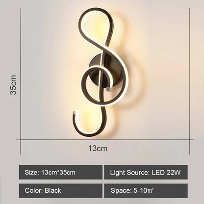 Black DecorBites™ LED indoor wall light shaped like a treble clef for modern home lighting