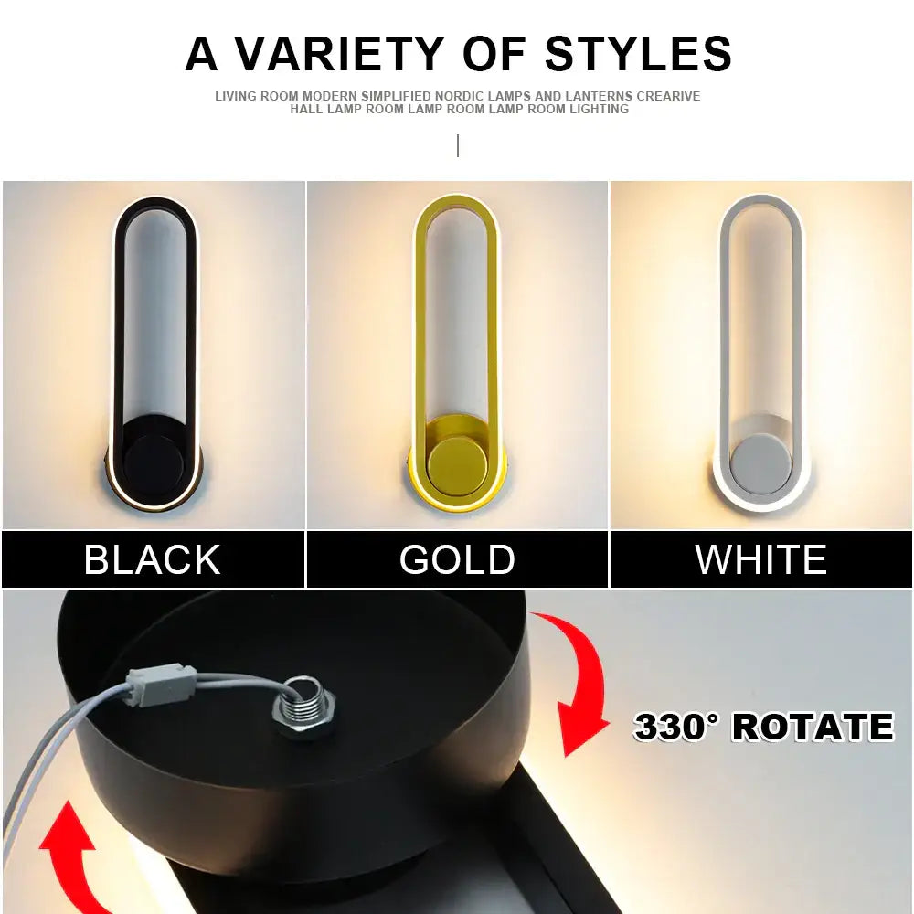 Modern minimalist decorbites led indoor wall lamp in black gold or white with sleek elongated design and 330-degree rotation