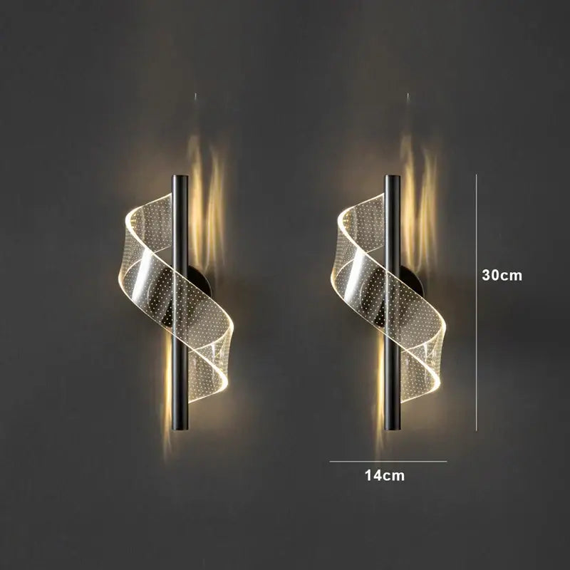 Decorbites™ modern spiral wall sconce light with black metal rod and perforated acrylic ribbon for indoor decor