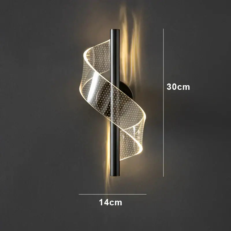 DecorBites™ modern black wall sconce light with glowing translucent spiral design for indoor bedroom and living room use