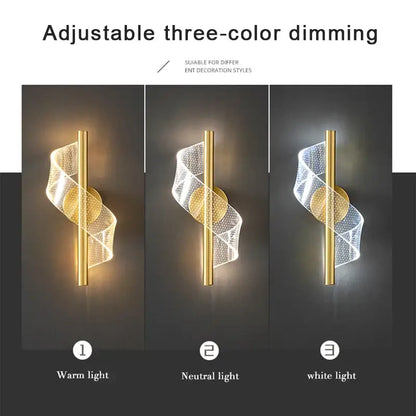 Decorbites™ gold-toned wall sconce light with spiral mesh design and adjustable three-color dimming for indoor use