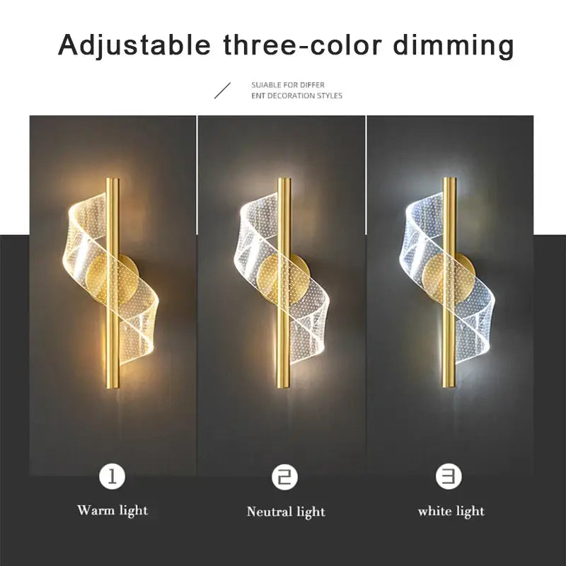 Decorbites™ gold-toned wall sconce light with spiral mesh design and adjustable three-color dimming for indoor use