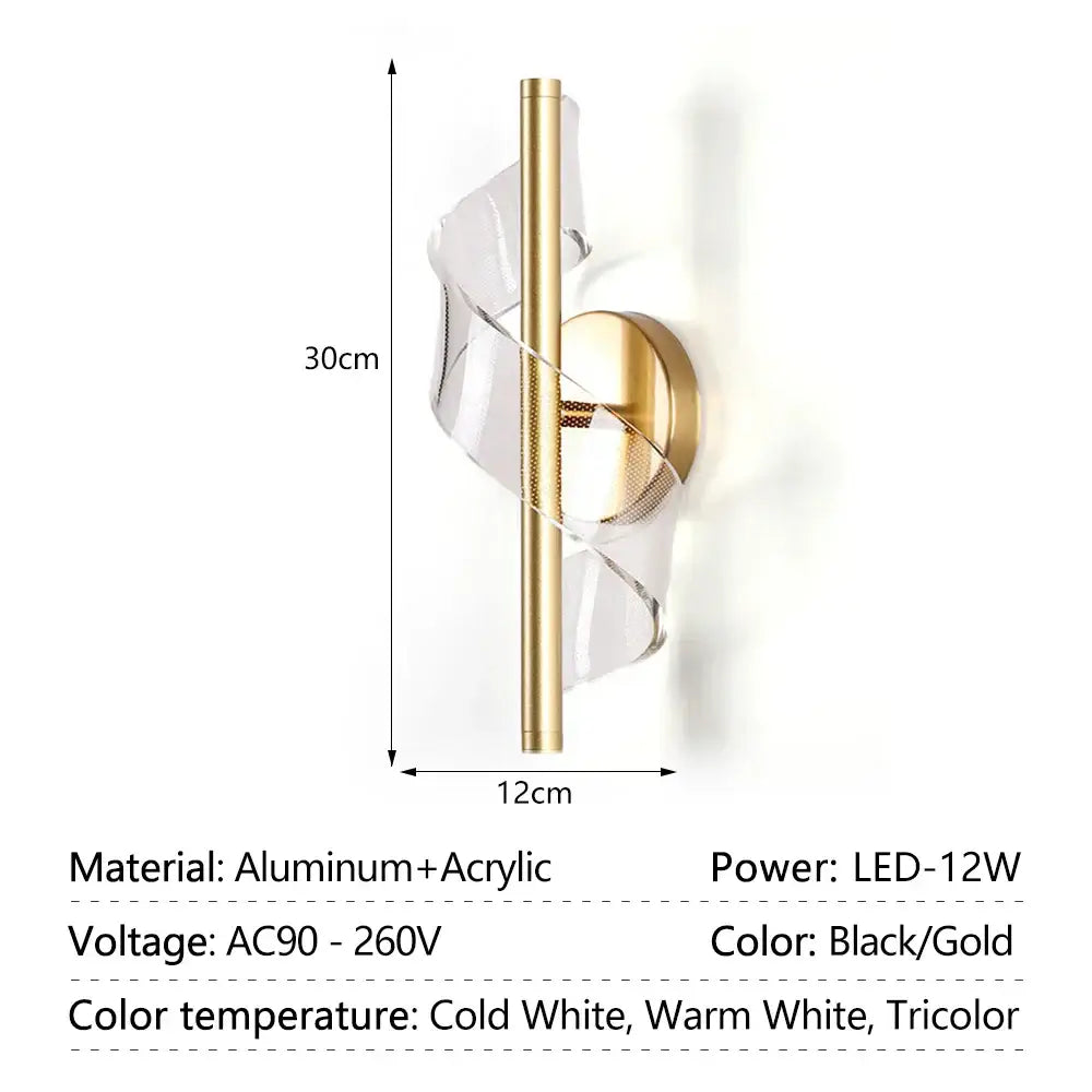 Gold-finished decorbites led wall sconce light with twisted acrylic accent and aluminum base for indoor use