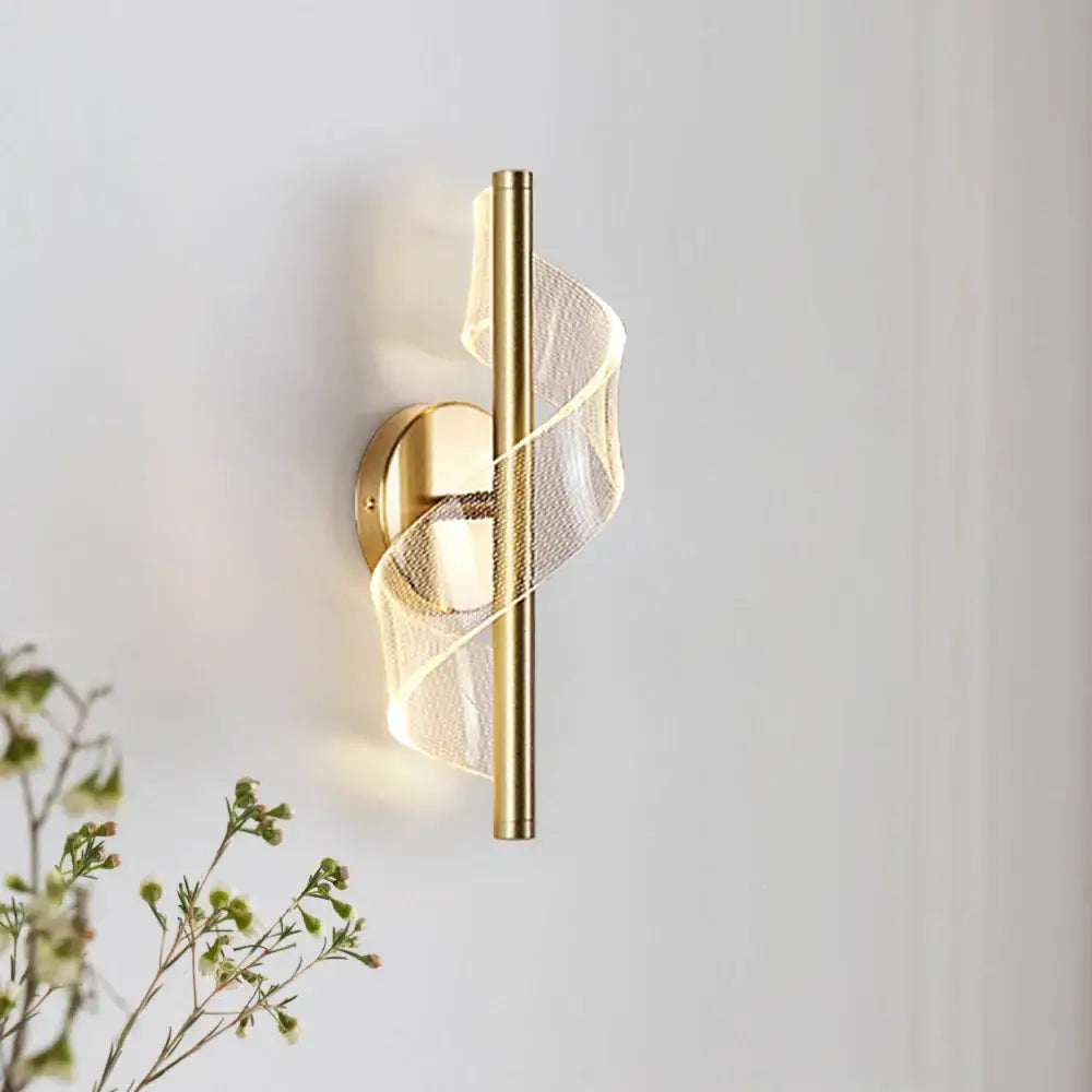 Gold-toned DecorBites led wall sconce light with sleek vertical rod and translucent mesh ribbon for indoor decor