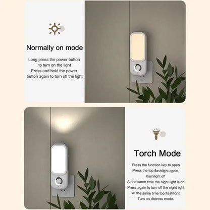 White rectangular DecorBites LED induction night light with circular power button and integrated flashlight function