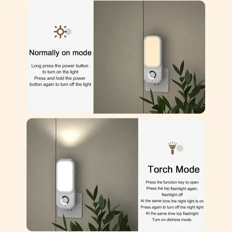 White rectangular DecorBites LED induction night light with circular power button and integrated flashlight function