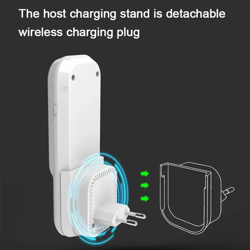 White plastic wireless charging stand with detachable plug for wall or desk use in decorbites led induction night light