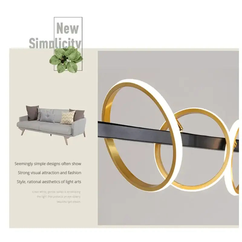 Modern minimalist decorbites led industrial chandelier with sleek gold and black circular rings for dining and living rooms
