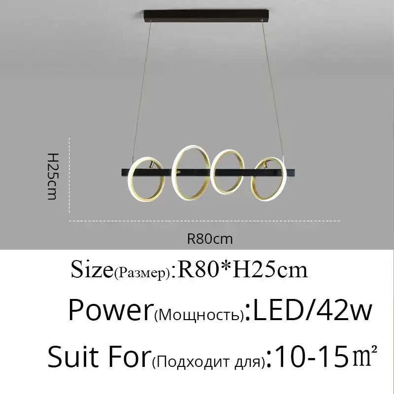 Modern black and gold decorbites led industrial chandelier with four glowing circular rings for dining and living room