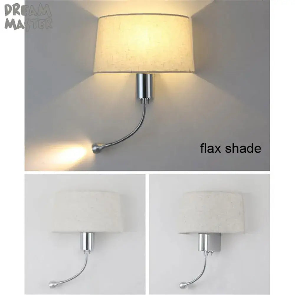 Decorbites led industrial wall sconce with curved chrome arm and off-white flax shade for bedroom reading lighting