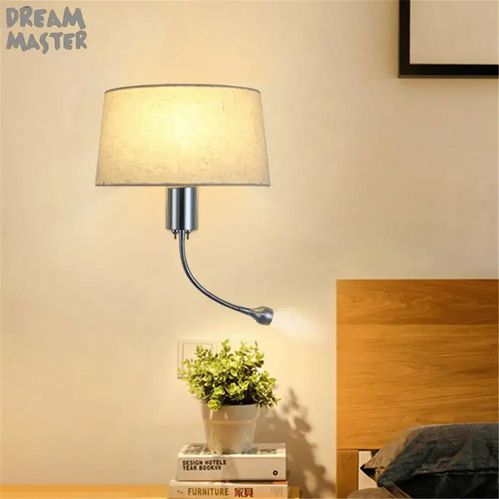 Silver-finished decorbites led industrial wall sconce with flexible gooseneck and beige fabric shade for reading