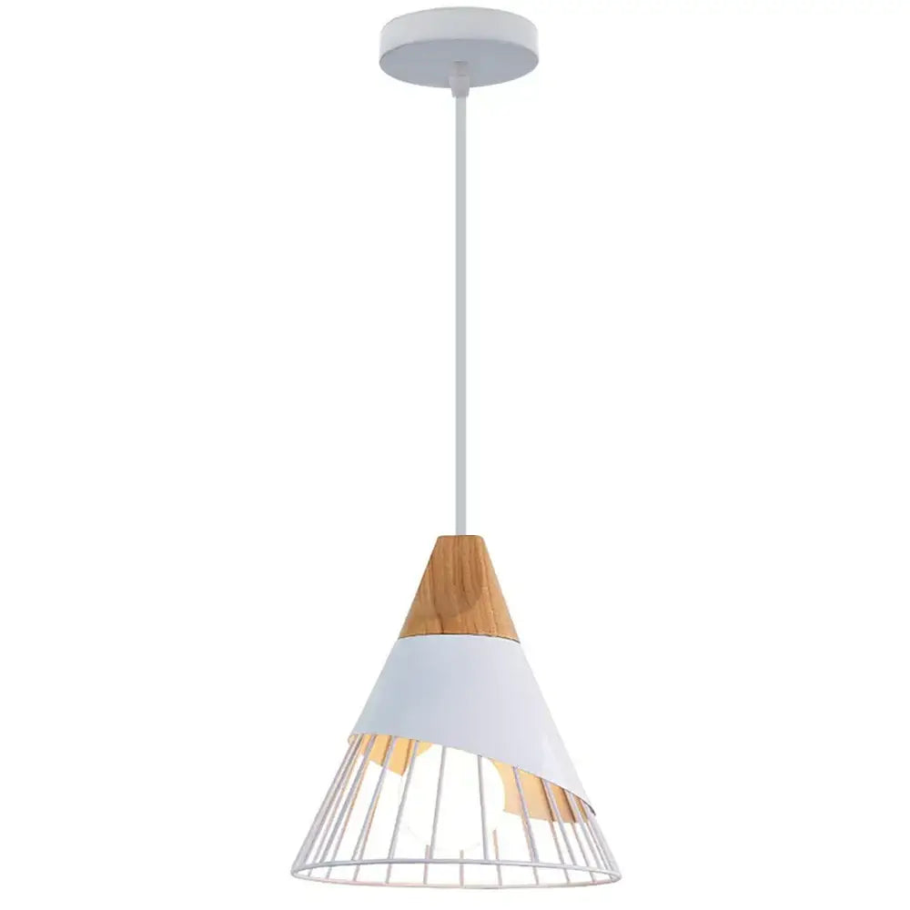 White and light wood cone-shaped decorbites led industrial pendant lamp with wire cage design for stylish living spaces