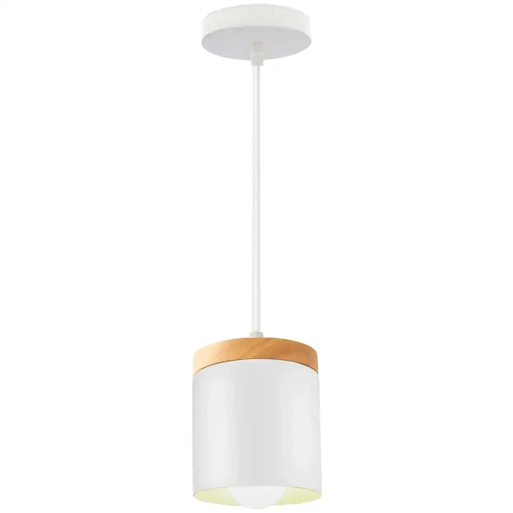 Minimalist white cylindrical pendant lamp with natural wood accent for stylish living room decor by DecorBites LED industrial