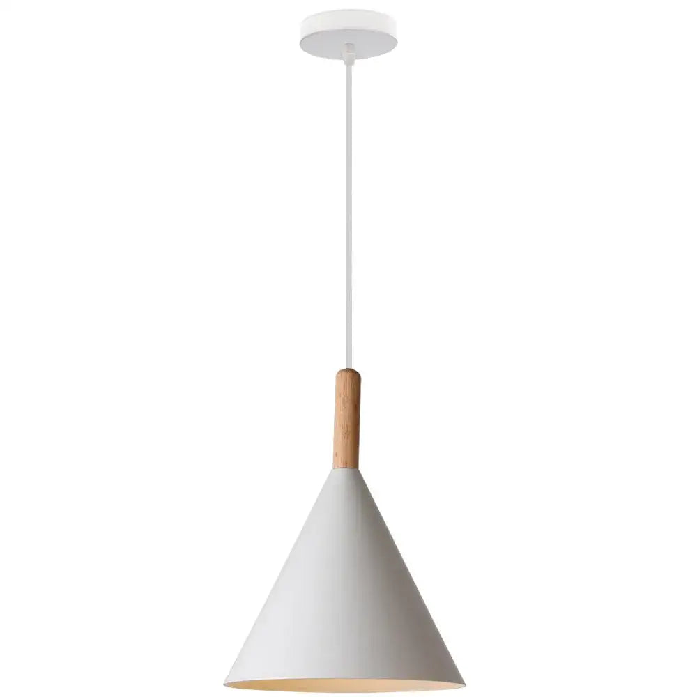 White conical pendant lamp with wooden accent and matte finish by decorbites led industrial for living room and bedroom lighting