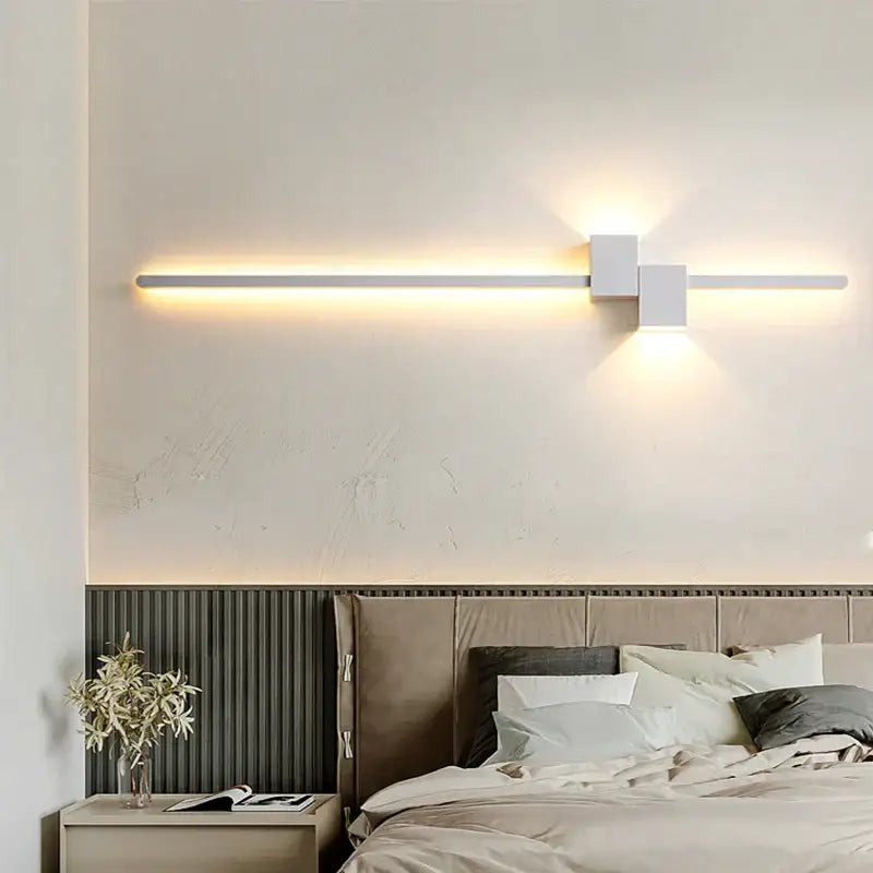 Modern white decorbites led interior wall lamp with sleek rectangular bar and two square light fixtures for minimalist lighting