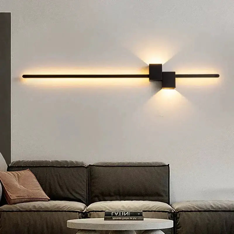 Modern black decorbites led interior wall lamp with sleek horizontal bar and two square warm LED interior wall lights