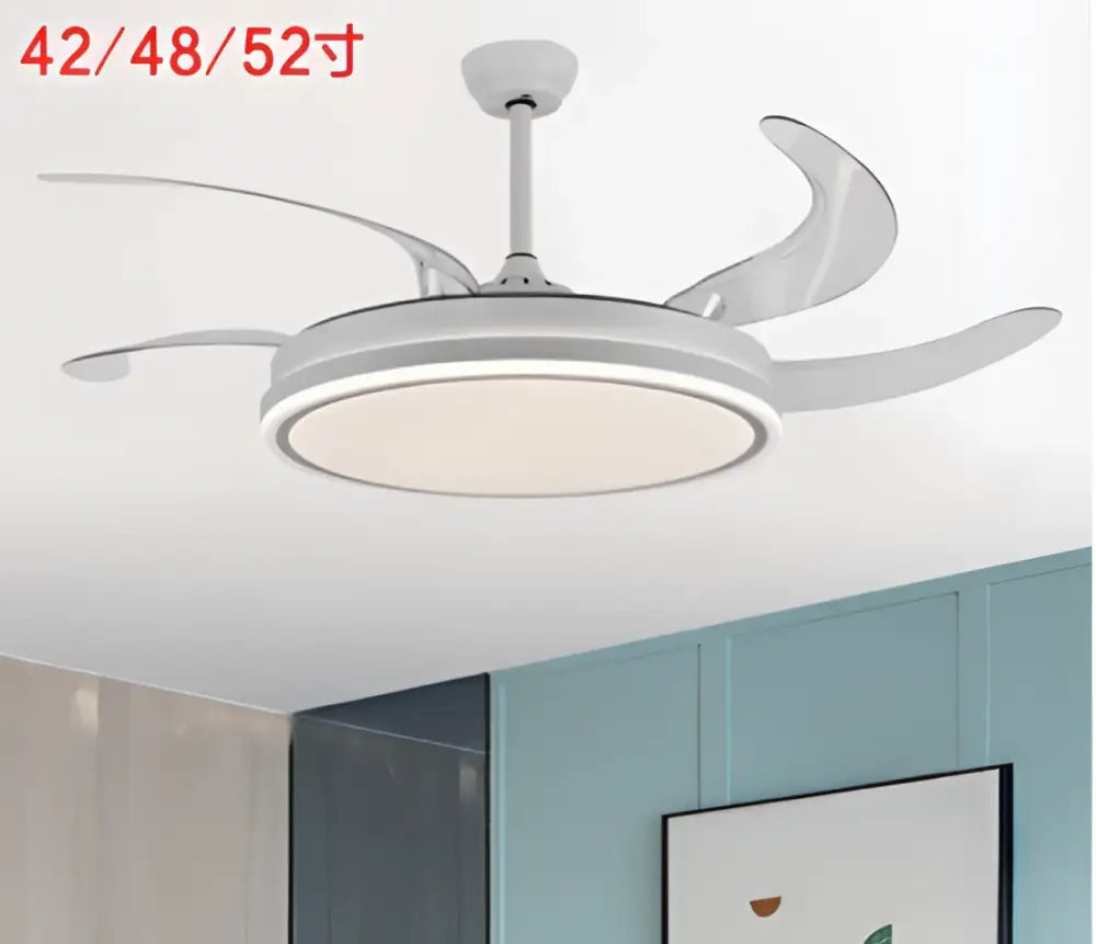 White ceiling fan with sleek curved blades and integrated circular led light decorbites led invisible fan lamp for living room