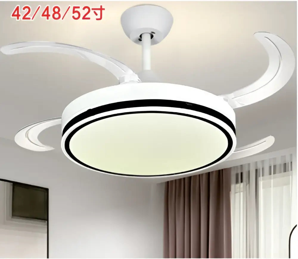 White decorbites led invisible ceiling fan with integrated led light and curved translucent blades for living room use