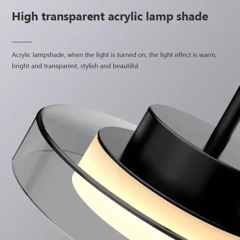 Decorbites led iron acrylic pendant with high transparent acrylic lampshade and sleek black metal base emitting warm light