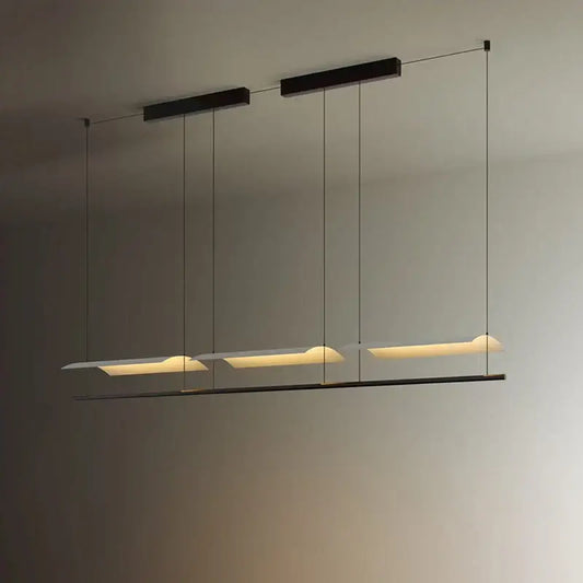 Modern black DecorBites led iron art chandelier with three elongated rectangular panels emitting warm ambient glow