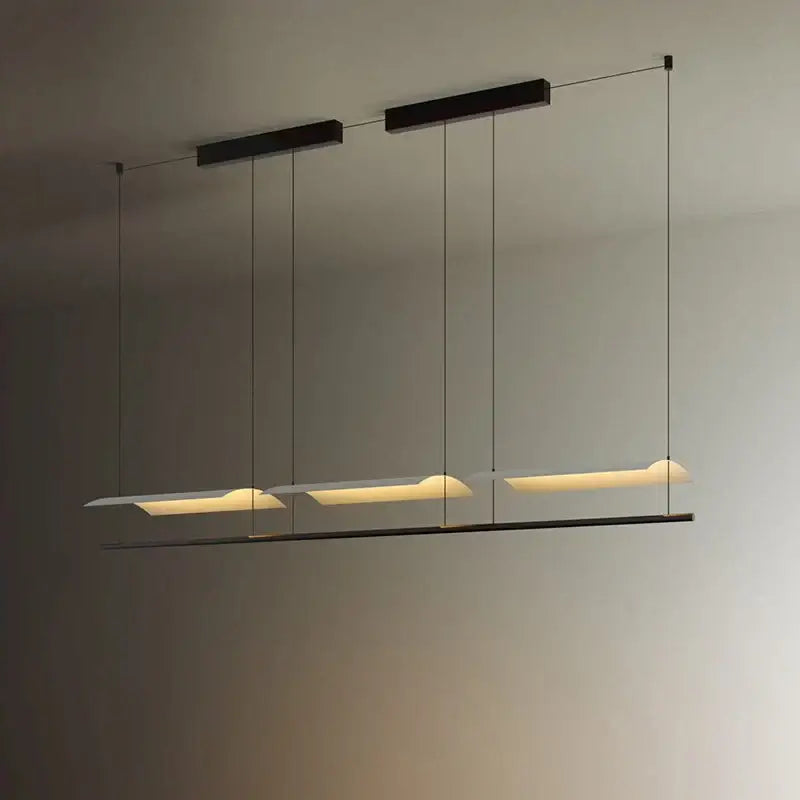 Modern black DecorBites led iron art chandelier with three elongated rectangular panels emitting warm ambient glow