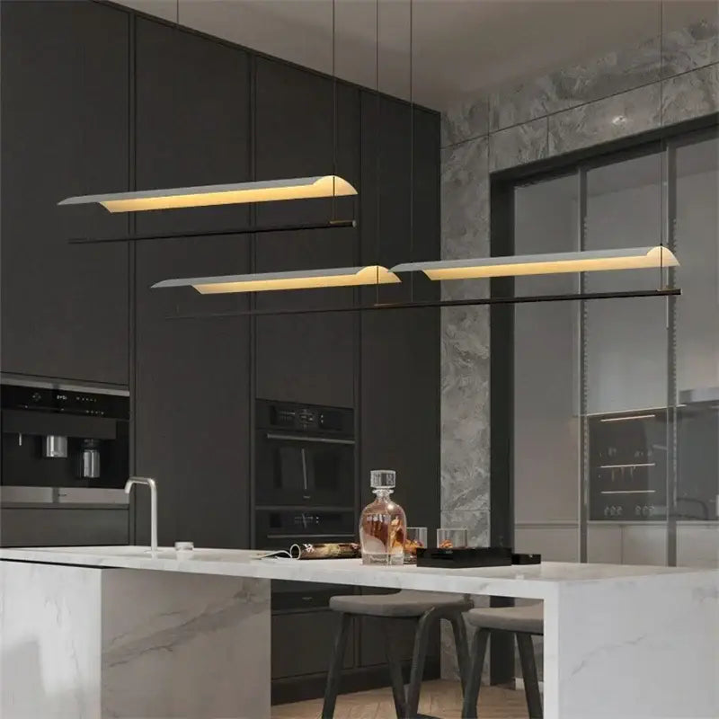 Modern minimalist decorbites led iron art chandelier with sleek rectangular iron lights and warm ambient glow for office use