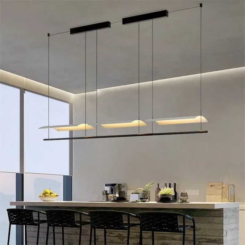 Modern black linear decorbites led iron art chandelier with sleek minimalist design and warm ambient glow for office use