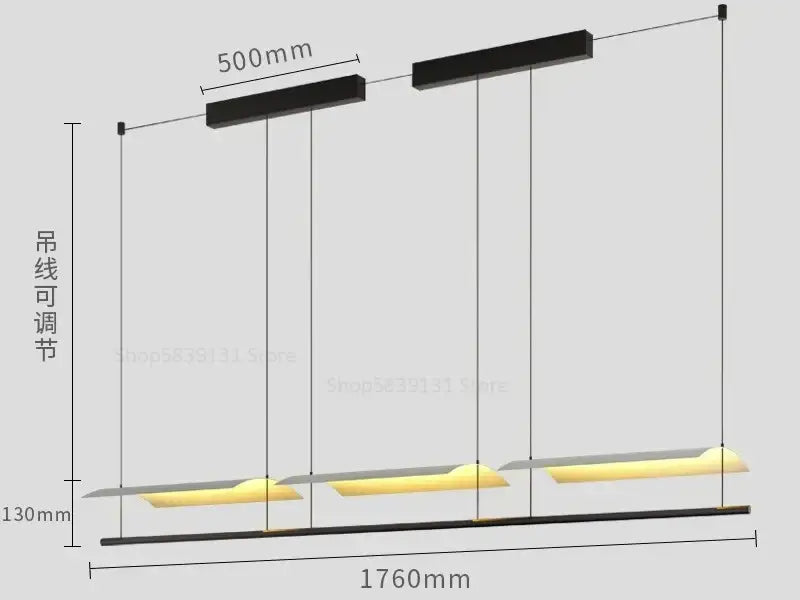 Modern black and gold decorbites led iron art chandelier with three horizontal bars for office lighting