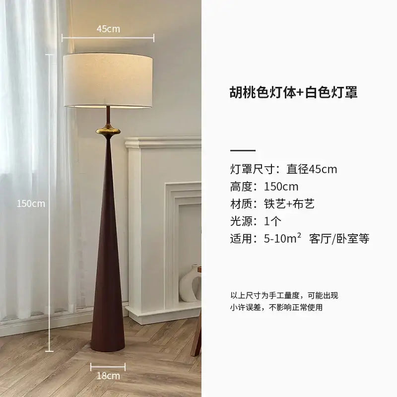 A sleek 150cm tall decorbites led iron floor lamp with a dark walnut iron base and white fabric shade for living room