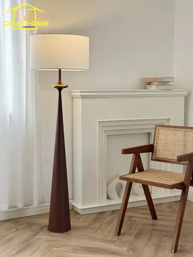 Dark brown tapered wooden floor lamp with cream cylindrical shade decorbites led iron art for living room and bedroom