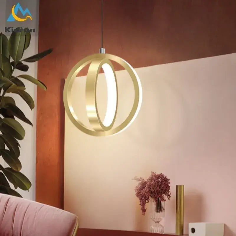 Gold-toned decorbites led iron art small chandelier with intersecting rings for bedroom study living room decor