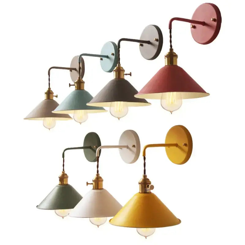 A collection of vintage-style wall lights with conical metal shades and brass fixtures by DecorBites LED iron art