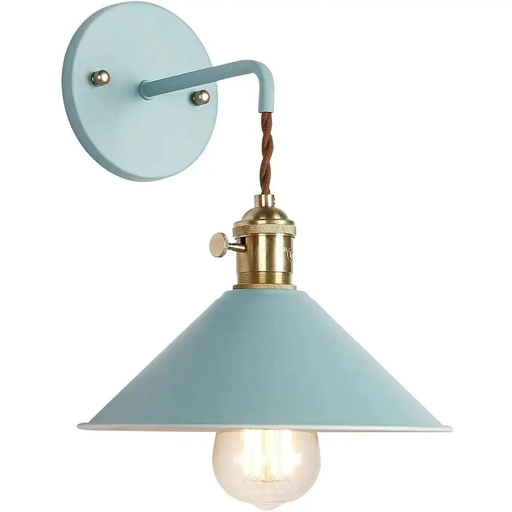 A light blue vintage-style decorbites led iron art wall light with brass socket and twisted brown cord for home and cafe decor