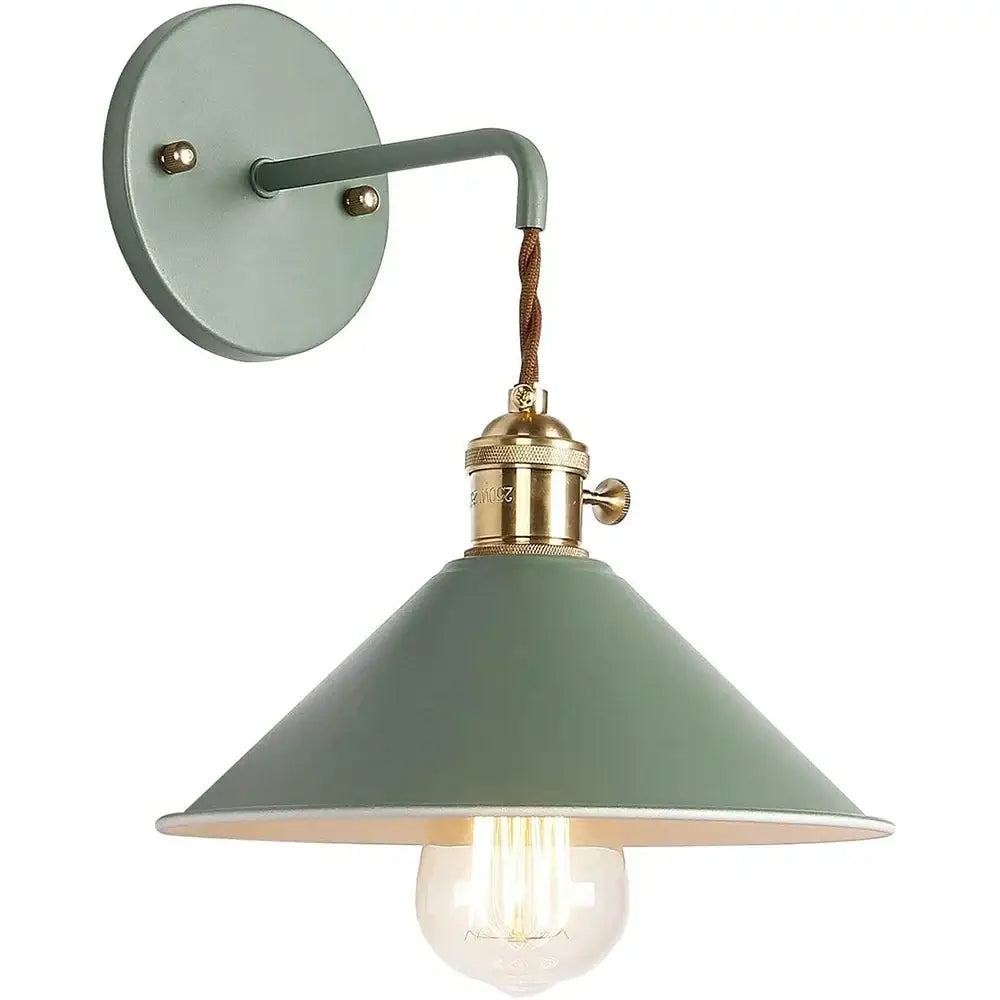 A sage green decorbites led iron art wall light with brass socket and twisted brown cord for modern home decor